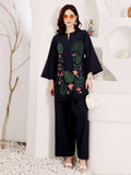 Navy Blue Embroidered Floral Top With Palazzo Set For Women
