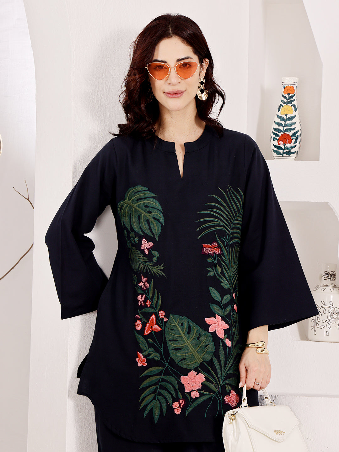 Navy Blue Embroidered Floral Top With Palazzo Set For Women
