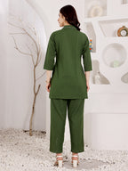 Women's Green Cotton Tunic Top And Pant Co-Ord Set With Embroidered Face Motif