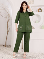 Women's Green Cotton Tunic Top And Pant Co-Ord Set With Embroidered Face Motif