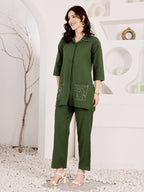 Women's Green Cotton Tunic Top And Pant Co-Ord Set With Embroidered Face Motif