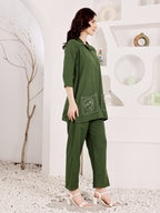 Women's Green Cotton Tunic Top And Pant Co-Ord Set With Embroidered Face Motif
