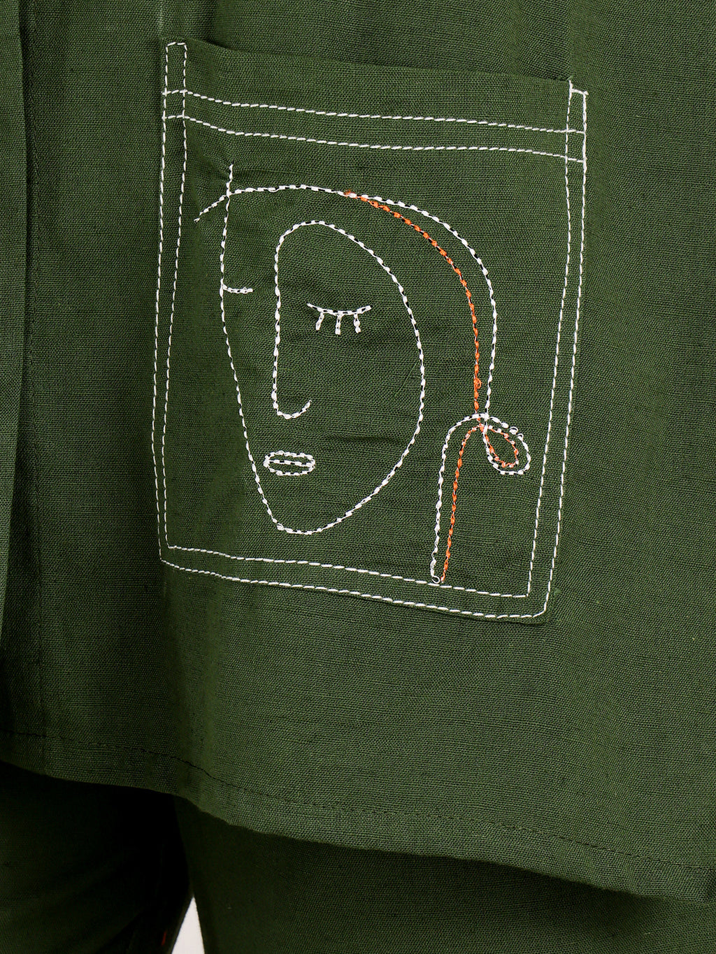 Women's Green Cotton Tunic Top And Pant Co-Ord Set With Embroidered Face Motif