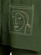 Women's Green Cotton Tunic Top And Pant Co-Ord Set With Embroidered Face Motif