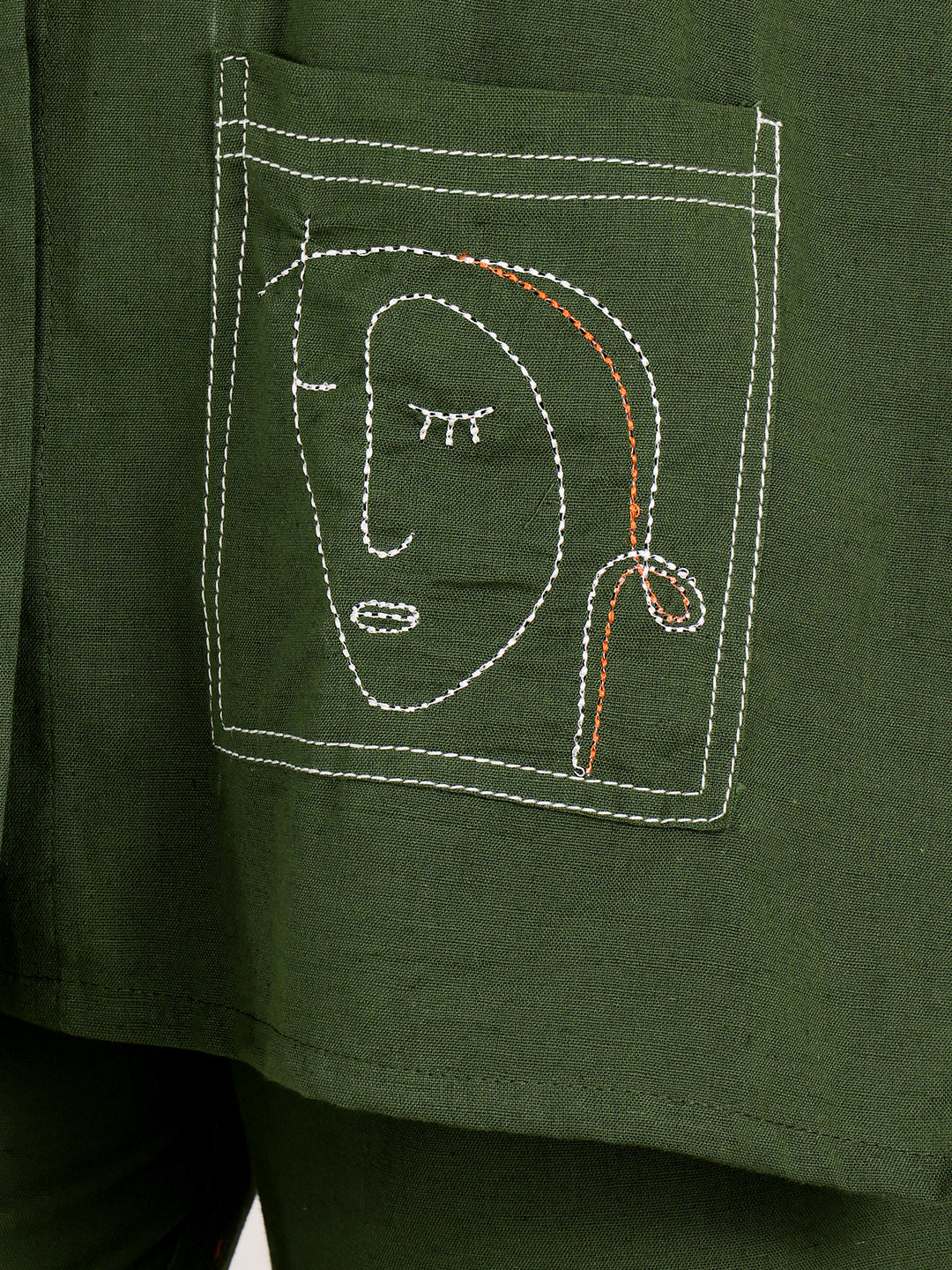 Women's Green Cotton Tunic Top And Pant Co-Ord Set With Embroidered Face Motif