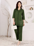 Women's Green Cotton Tunic Top And Pant Co-Ord Set With Embroidered Face Motif