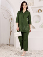 Women's Green Cotton Tunic Top And Pant Co-Ord Set With Embroidered Face Motif