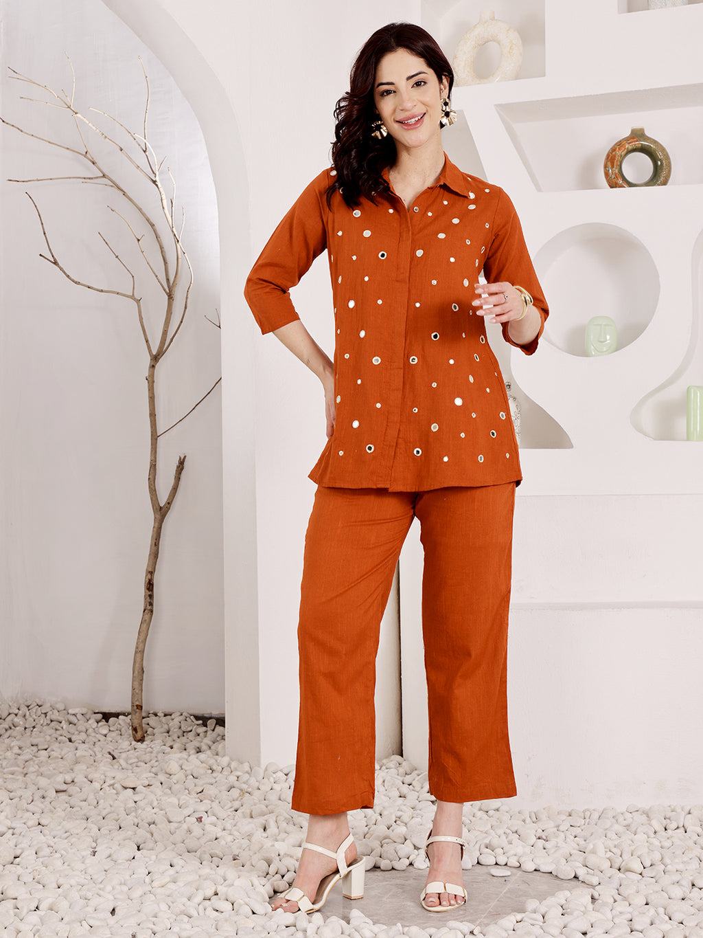 Burnt Orange Mirror Work Co-Ord Set With Collared Shirt Top