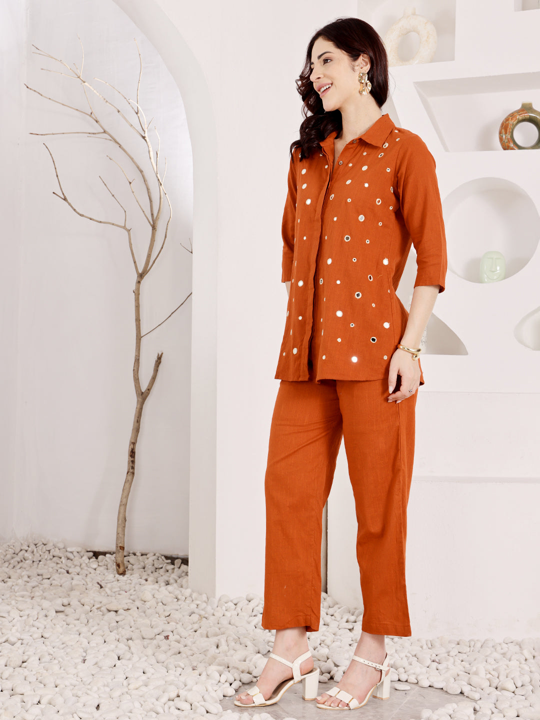 Burnt Orange Mirror Work Co-Ord Set With Collared Shirt Top