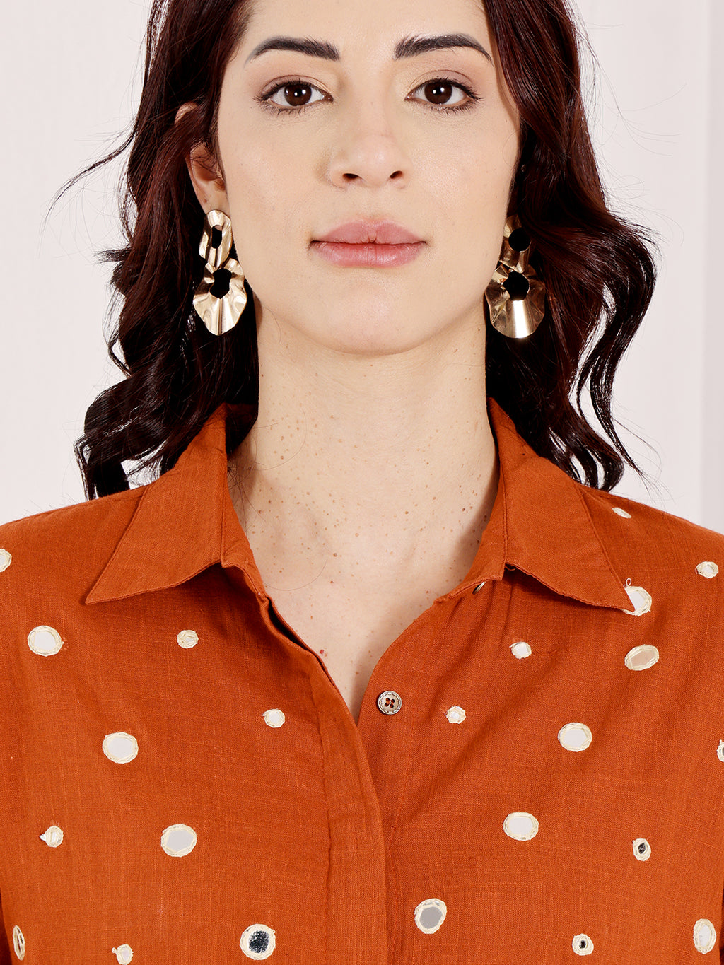 Burnt Orange Mirror Work Co-Ord Set With Collared Shirt Top
