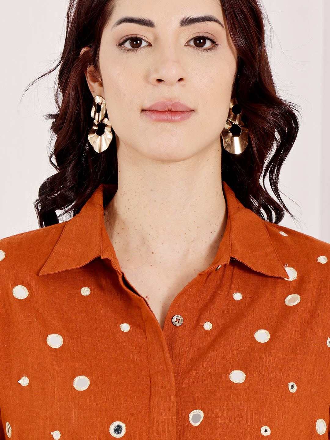 Burnt Orange Mirror Work Co-Ord Set With Collared Shirt Top