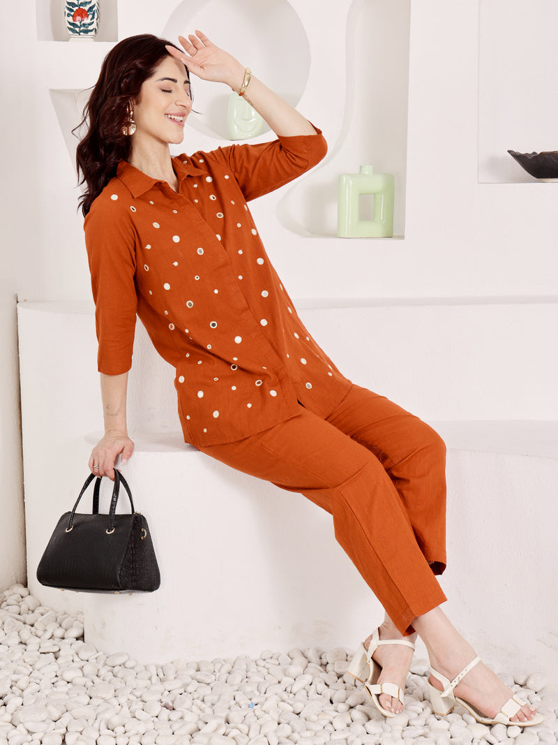 Burnt Orange Mirror Work Co-Ord Set With Collared Shirt Top