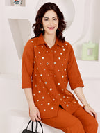 Burnt Orange Mirror Work Co-Ord Set With Collared Shirt Top