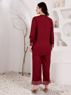 Wine Maroon Embroidered Co-Ord Set With Ethnic Yoke Detailing