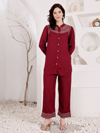 Wine Maroon Embroidered Co-Ord Set With Ethnic Yoke Detailing