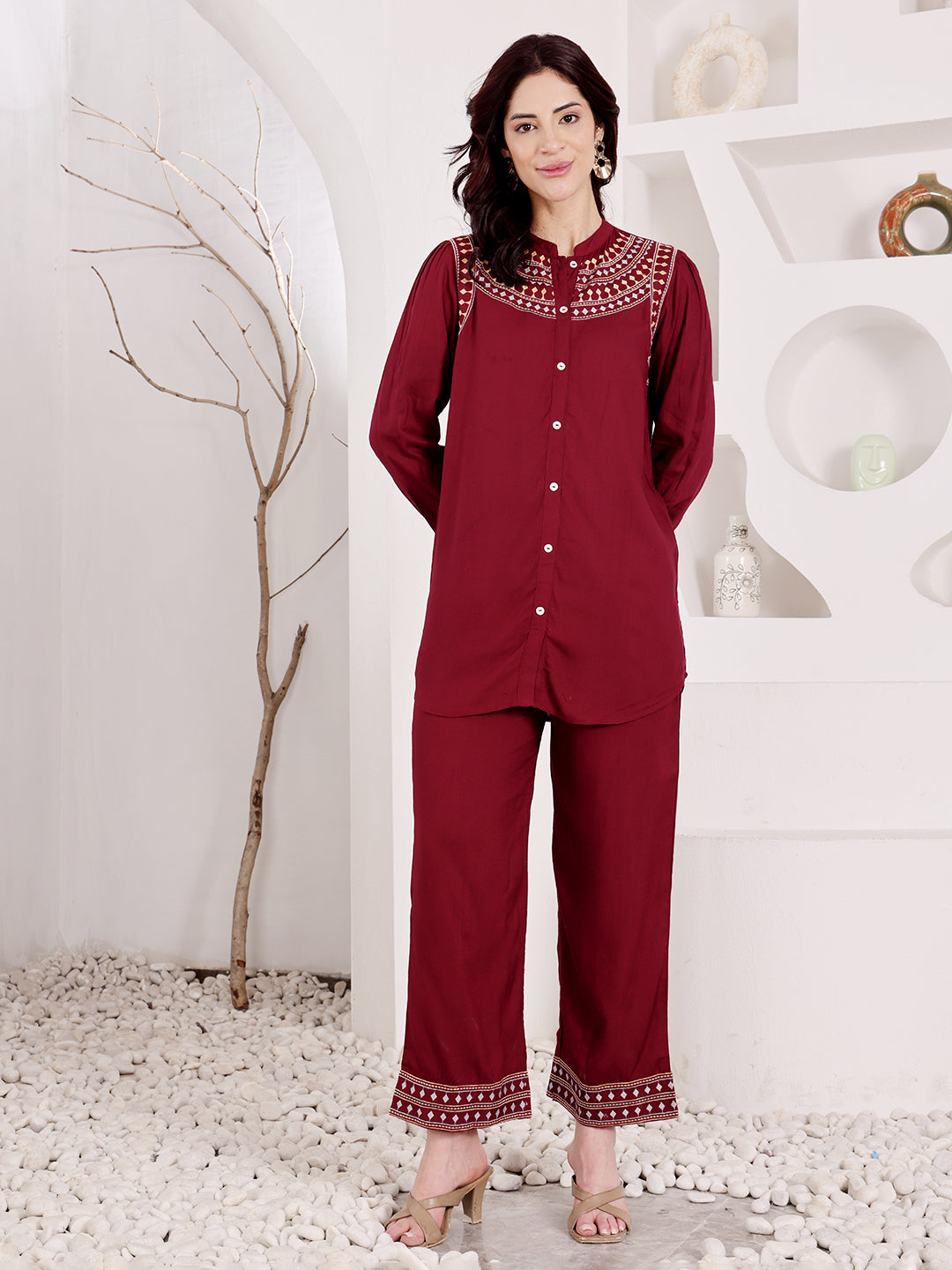 Wine Maroon Embroidered Co-Ord Set With Ethnic Yoke Detailing
