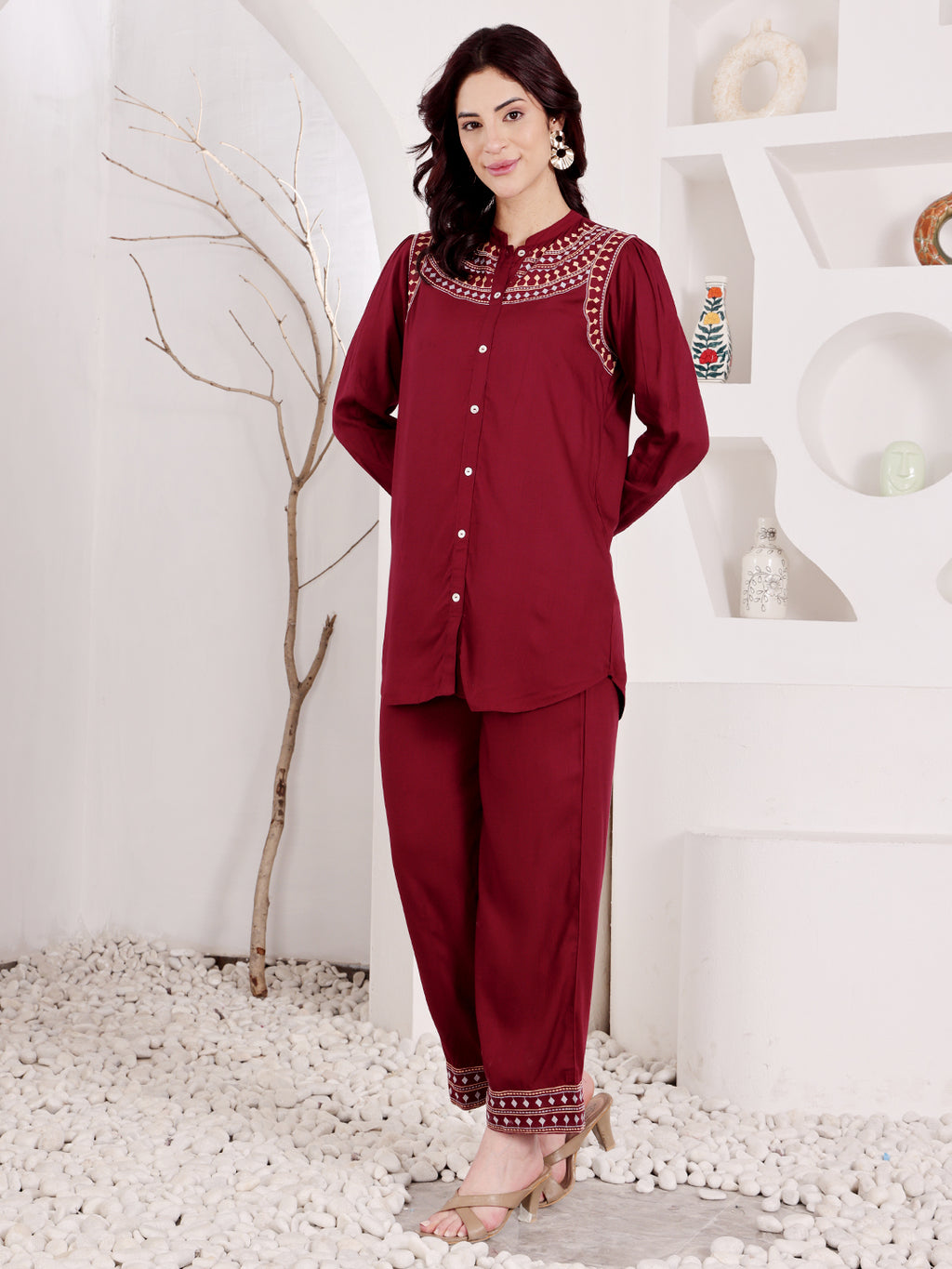 Wine Maroon Embroidered Co-Ord Set With Ethnic Yoke Detailing