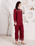 Wine Maroon Embroidered Co-Ord Set With Ethnic Yoke Detailing