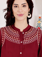 Wine Maroon Embroidered Co-Ord Set With Ethnic Yoke Detailing