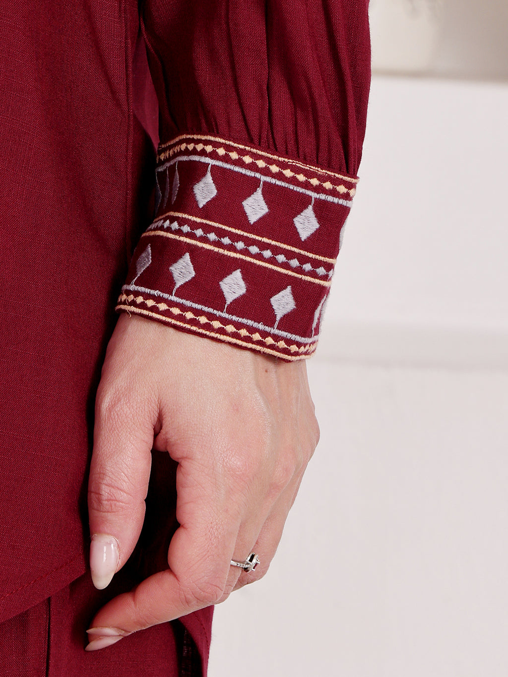 Wine Maroon Embroidered Co-Ord Set With Ethnic Yoke Detailing