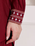 Wine Maroon Embroidered Co-Ord Set With Ethnic Yoke Detailing