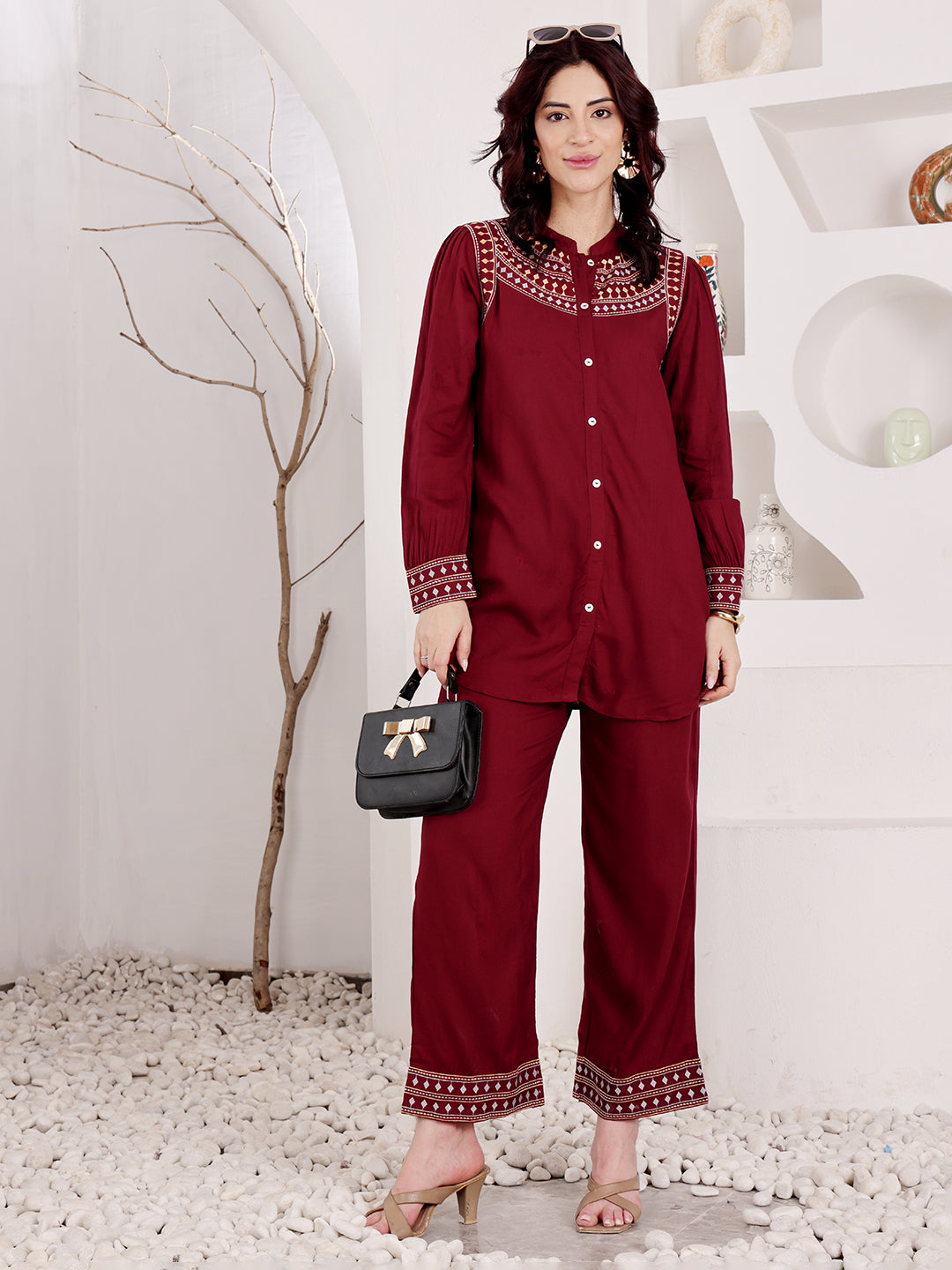Wine Maroon Embroidered Co-Ord Set With Ethnic Yoke Detailing