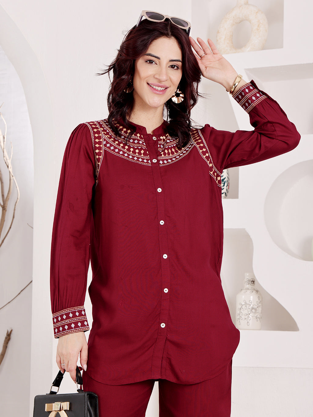 Wine Maroon Embroidered Co-Ord Set With Ethnic Yoke Detailing