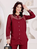 Wine Maroon Embroidered Co-Ord Set With Ethnic Yoke Detailing