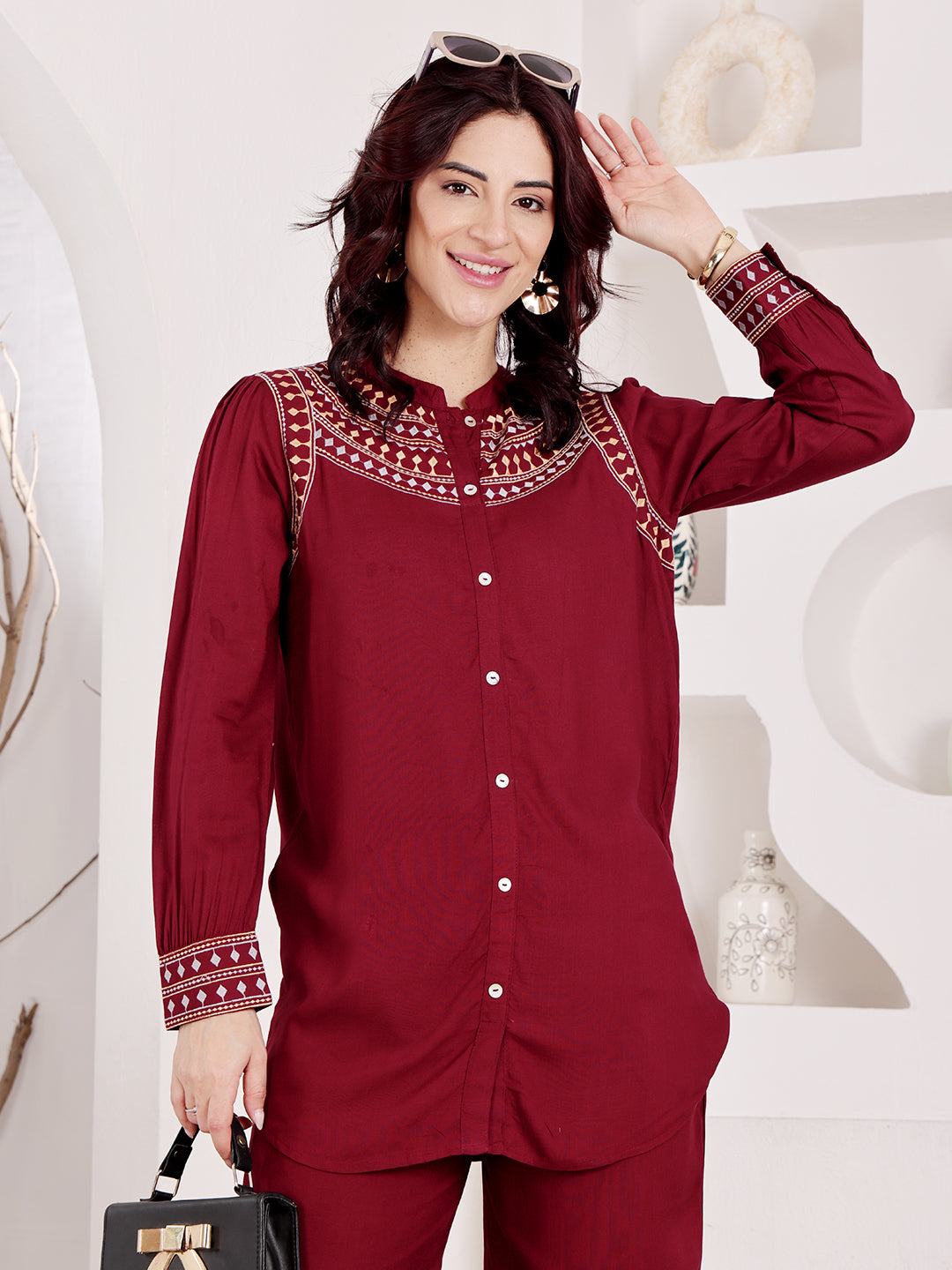 Wine Maroon Embroidered Co-Ord Set With Ethnic Yoke Detailing