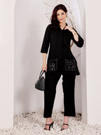 Black Embroidered Abstract Face Design Kurti Set For Women