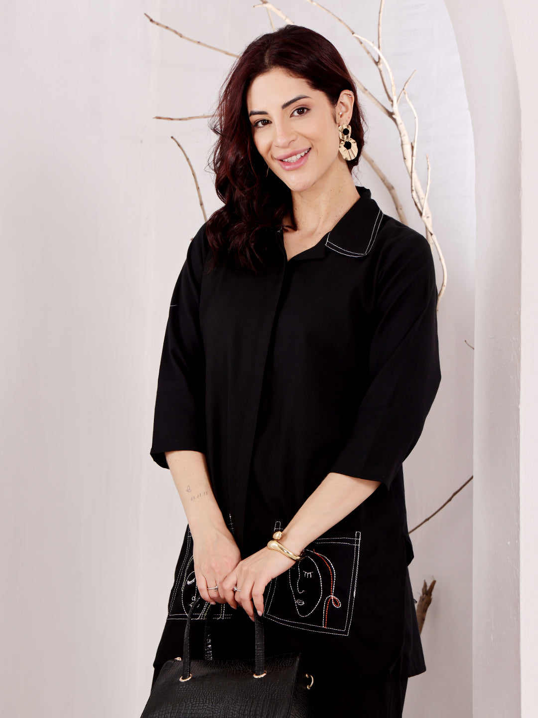 Black Embroidered Abstract Face Design Kurti Set For Women