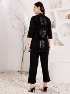 Black Embroidered Abstract Face Design Kurti Set For Women