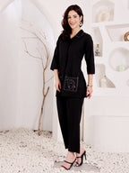 Black Embroidered Abstract Face Design Kurti Set For Women