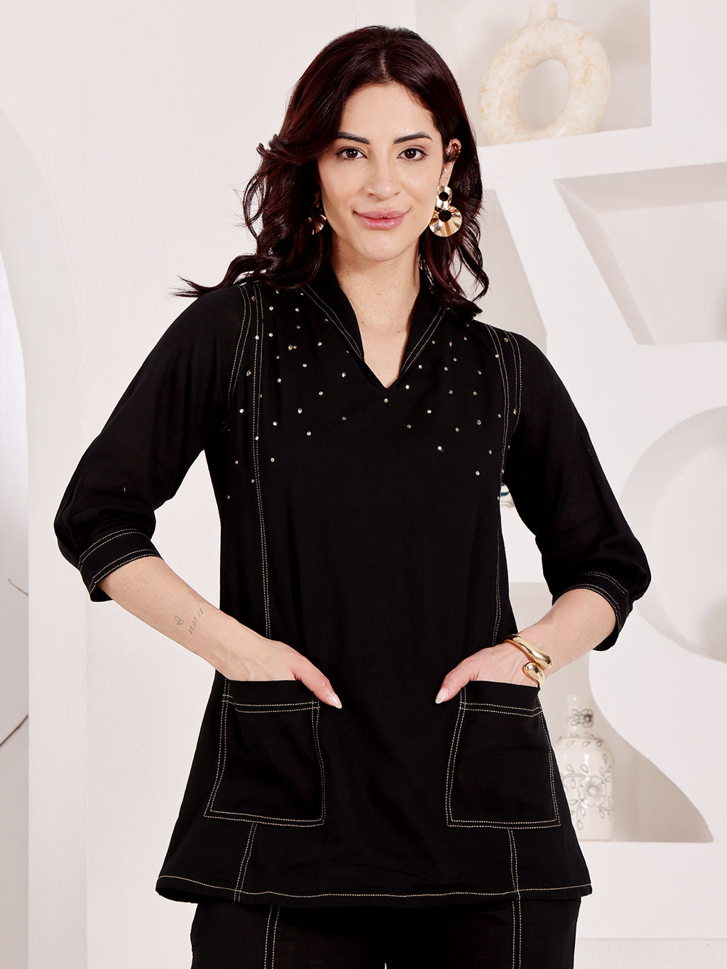 Women's Black Ethnic Co-Ord Set With Sequin Work Tunic Top & Palazzo Pants
