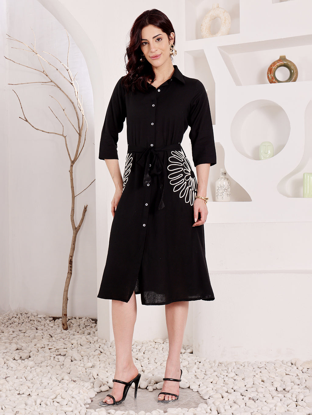 Black Shirt Dress With White Floral Embroidery