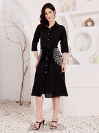 Black Shirt Dress With White Floral Embroidery