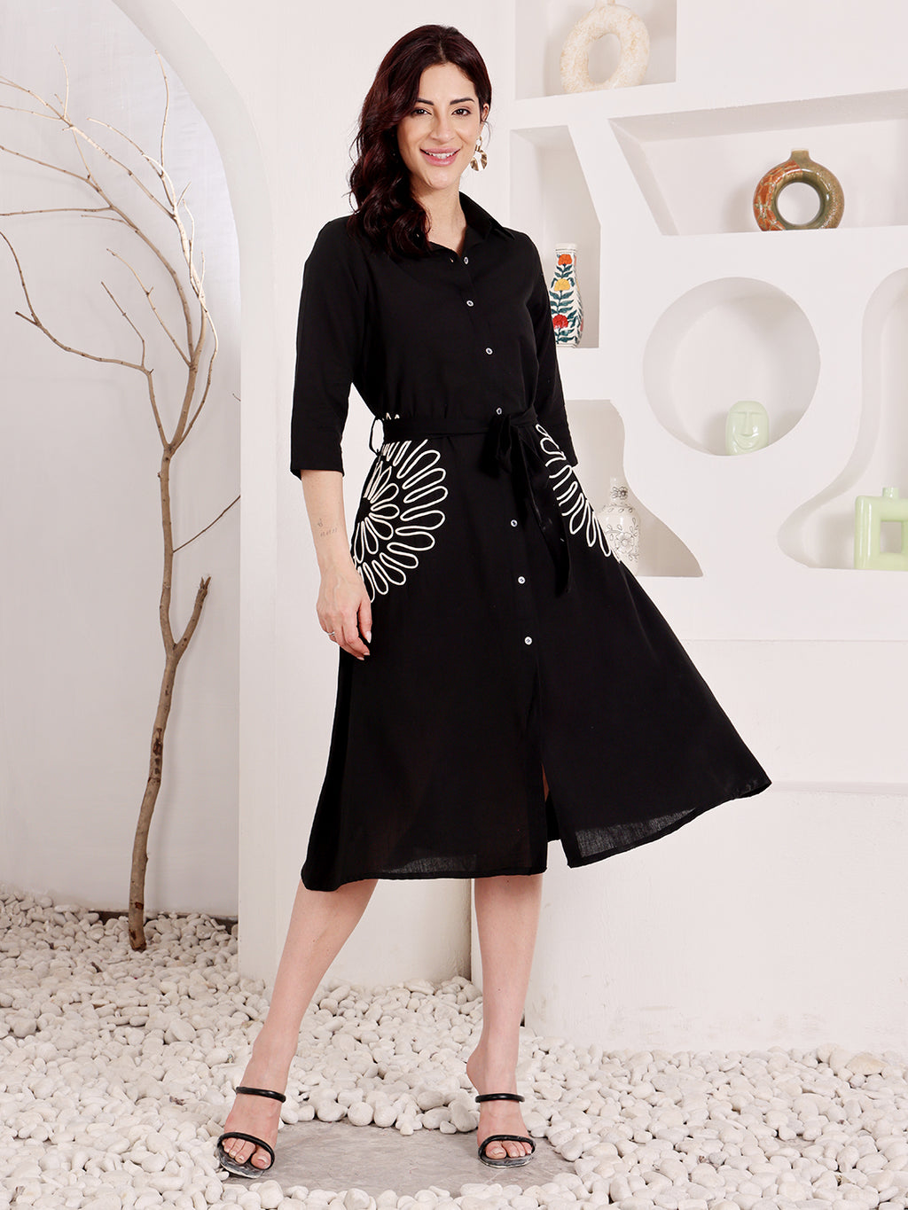 Black Shirt Dress With White Floral Embroidery