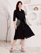 Black Shirt Dress With White Floral Embroidery
