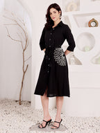 Black Shirt Dress With White Floral Embroidery