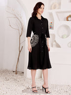 Black Shirt Dress With White Floral Embroidery