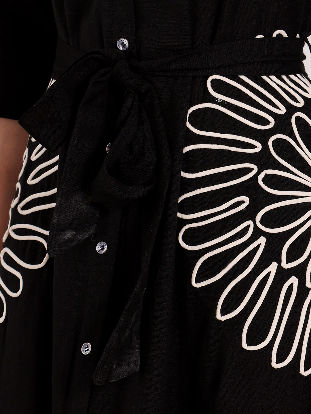 Black Shirt Dress With White Floral Embroidery