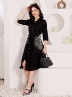 Black Shirt Dress With White Floral Embroidery