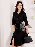 Black Shirt Dress With White Floral Embroidery