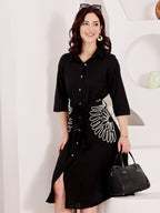 Black Shirt Dress With White Floral Embroidery