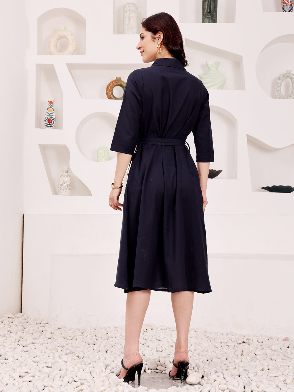 Navy Blue Floral Embroidered Shirt Dress With Belt