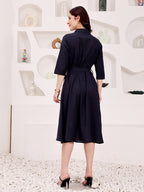 Navy Blue Floral Embroidered Shirt Dress With Belt