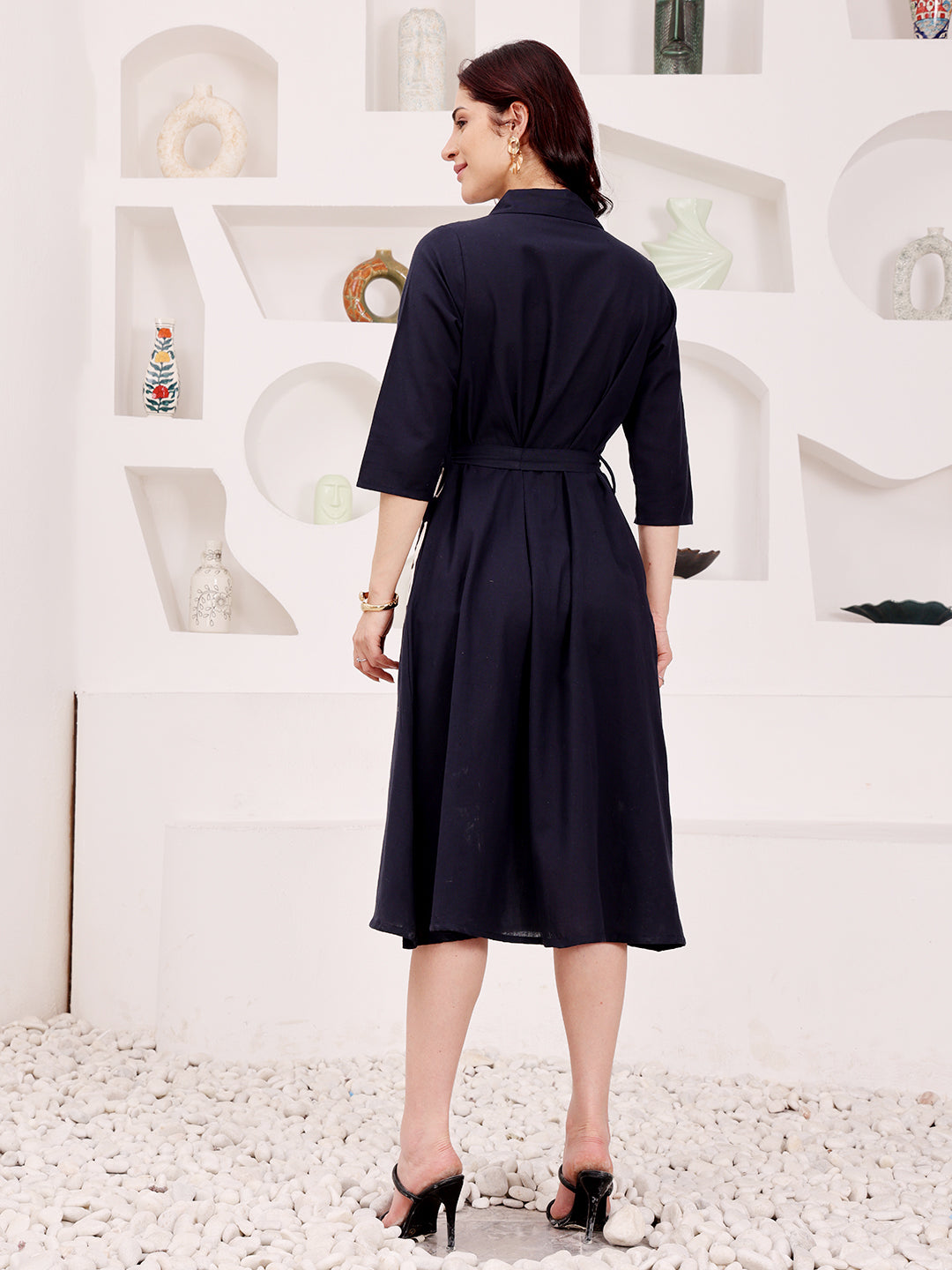 Navy Blue Floral Embroidered Shirt Dress With Belt