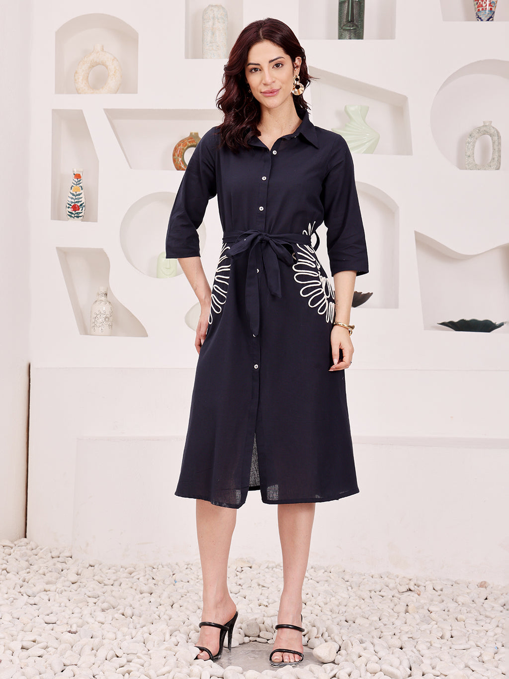 Navy Blue Floral Embroidered Shirt Dress With Belt