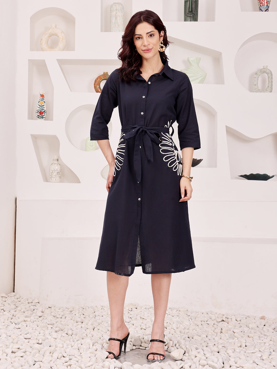Navy Blue Floral Embroidered Shirt Dress With Belt