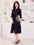 Navy Blue Floral Embroidered Shirt Dress With Belt